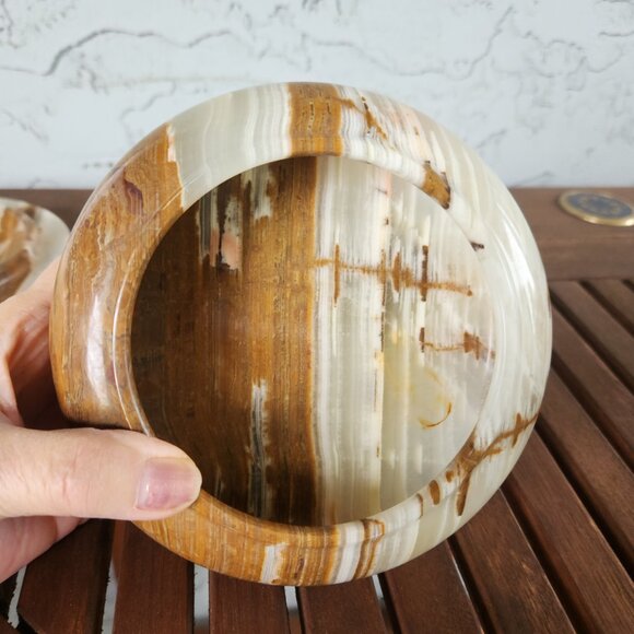 Vintage Polished Onyx Trinket Box with Lid – Brown & Cream Stone Dish 6" x 2.5" - Picture 6 of 9